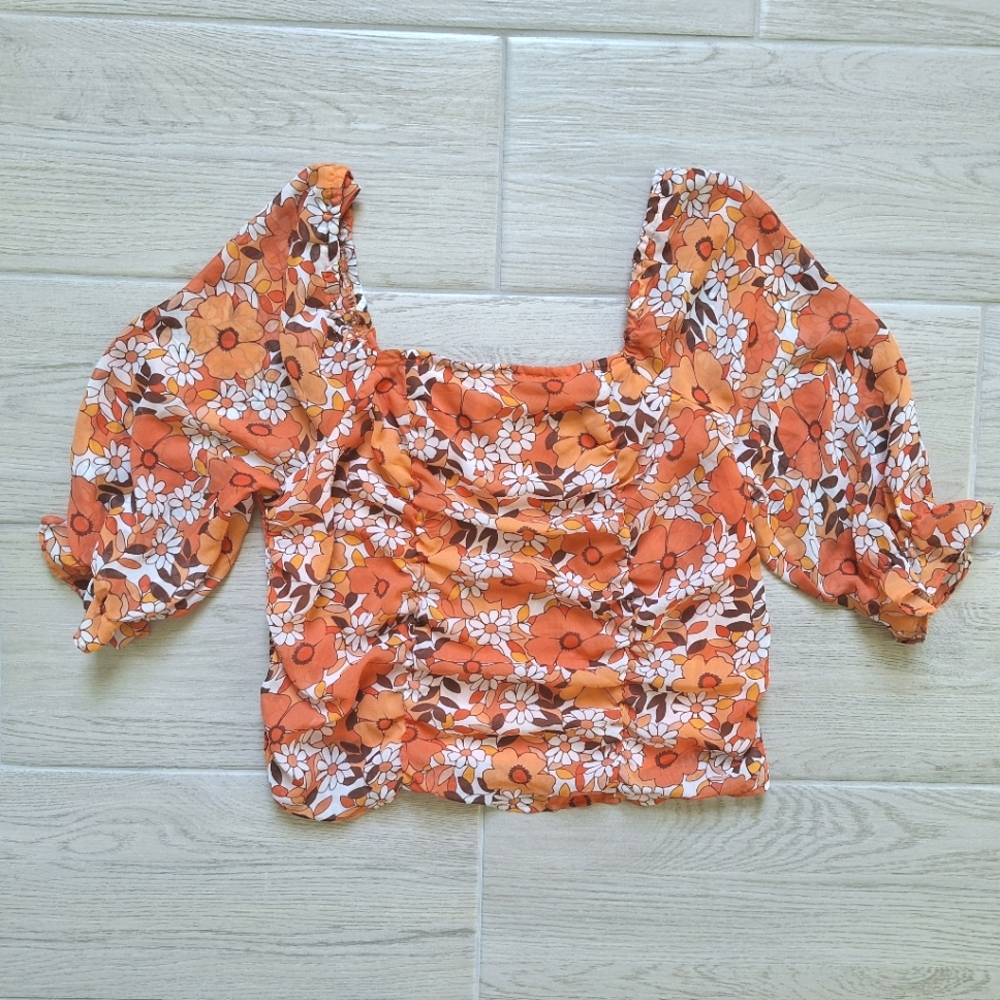 Cato orange floral boho cropped off the shoulder blouse with smocked back  large
